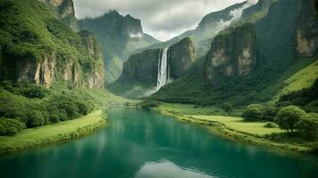 A serene, tranquil lake nestled in a verdant valley, surrounded by towering cliffs and cascading waterfalls, Nature Background AI Generative photo