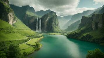 A serene, tranquil lake nestled in a verdant valley, surrounded by towering cliffs and cascading waterfalls, Nature Background AI Generative photo