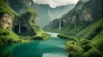 A serene, tranquil lake nestled in a verdant valley, surrounded by towering cliffs and cascading waterfalls, Nature Background AI Generative photo