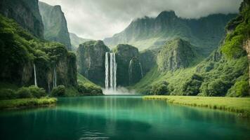 A serene, tranquil lake nestled in a verdant valley, surrounded by towering cliffs and cascading waterfalls, Nature Background AI Generative photo