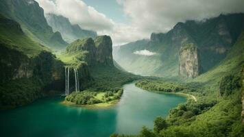 A serene, tranquil lake nestled in a verdant valley, surrounded by towering cliffs and cascading waterfalls, Nature Background AI Generative photo