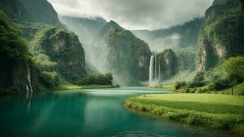 A serene, tranquil lake nestled in a verdant valley, surrounded by towering cliffs and cascading waterfalls, Nature Background AI Generative photo