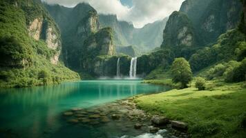 A serene, tranquil lake nestled in a verdant valley, surrounded by towering cliffs and cascading waterfalls, Nature Background AI Generative photo