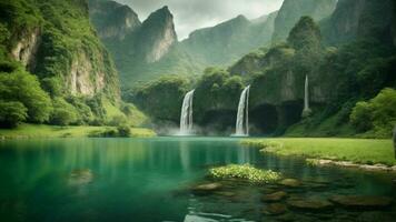 A serene, tranquil lake nestled in a verdant valley, surrounded by towering cliffs and cascading waterfalls, Nature Background AI Generative photo