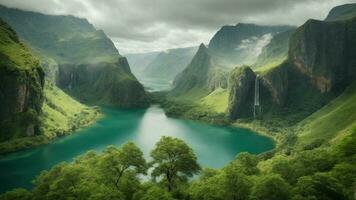 A serene, tranquil lake nestled in a verdant valley, surrounded by towering cliffs and cascading waterfalls, Nature Background AI Generative photo
