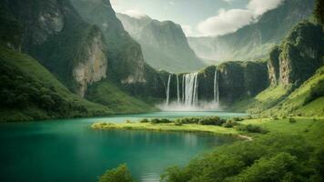 A serene, tranquil lake nestled in a verdant valley, surrounded by towering cliffs and cascading waterfalls, Nature Background AI Generative photo