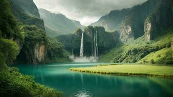 A serene, tranquil lake nestled in a verdant valley, surrounded by towering cliffs and cascading waterfalls, Nature Background AI Generative photo