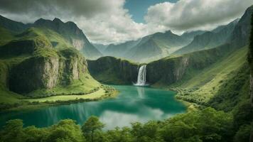 A serene, tranquil lake nestled in a verdant valley, surrounded by towering cliffs and cascading waterfalls, Nature Background AI Generative photo