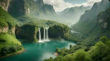 A serene, tranquil lake nestled in a verdant valley, surrounded by towering cliffs and cascading waterfalls, Nature Background AI Generative photo