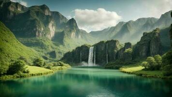 A serene, tranquil lake nestled in a verdant valley, surrounded by towering cliffs and cascading waterfalls, Nature Background AI Generative photo