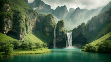 A serene, tranquil lake nestled in a verdant valley, surrounded by towering cliffs and cascading waterfalls, Nature Background AI Generative photo