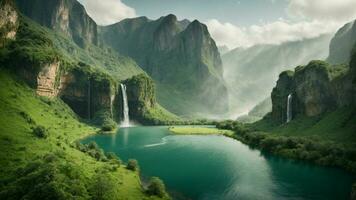 A serene, tranquil lake nestled in a verdant valley, surrounded by towering cliffs and cascading waterfalls, Nature Background AI Generative photo