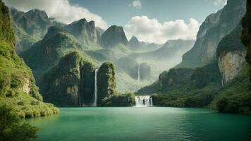 A serene, tranquil lake nestled in a verdant valley, surrounded by towering cliffs and cascading waterfalls, Nature Background AI Generative photo