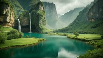 A serene, tranquil lake nestled in a verdant valley, surrounded by towering cliffs and cascading waterfalls, Nature Background AI Generative photo