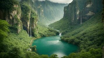 A serene, tranquil lake nestled in a verdant valley, surrounded by towering cliffs and cascading waterfalls, Nature Background AI Generative photo