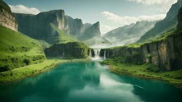 A serene, tranquil lake nestled in a verdant valley, surrounded by towering cliffs and cascading waterfalls, Nature Background AI Generative photo