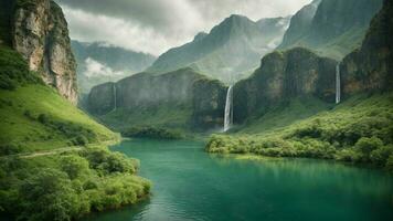 A serene, tranquil lake nestled in a verdant valley, surrounded by towering cliffs and cascading waterfalls, Nature Background AI Generative photo
