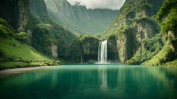 A serene, tranquil lake nestled in a verdant valley, surrounded by towering cliffs and cascading waterfalls, Nature Background AI Generative photo