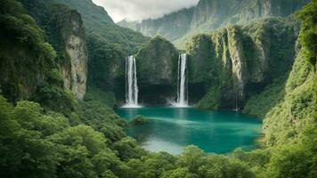 A serene, tranquil lake nestled in a verdant valley, surrounded by towering cliffs and cascading waterfalls, Nature Background AI Generative photo