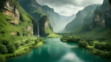 A serene, tranquil lake nestled in a verdant valley, surrounded by towering cliffs and cascading waterfalls, Nature Background AI Generative photo