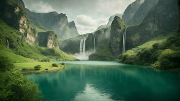 A serene, tranquil lake nestled in a verdant valley, surrounded by towering cliffs and cascading waterfalls, Nature Background AI Generative photo