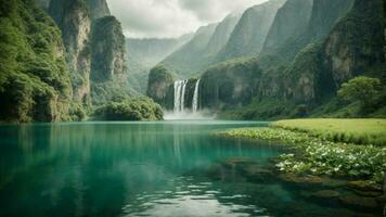 A serene, tranquil lake nestled in a verdant valley, surrounded by towering cliffs and cascading waterfalls, Nature Background AI Generative photo