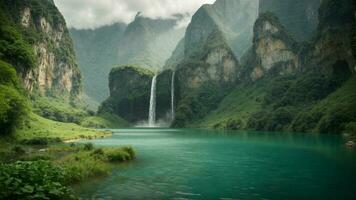 A serene, tranquil lake nestled in a verdant valley, surrounded by towering cliffs and cascading waterfalls, Nature Background AI Generative photo