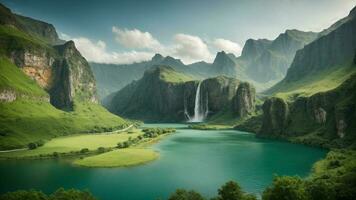 A serene, tranquil lake nestled in a verdant valley, surrounded by towering cliffs and cascading waterfalls, Nature Background AI Generative photo