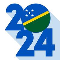 Happy New Year 2024, long shadow banner with Solomon Islands flag inside. Vector illustration.