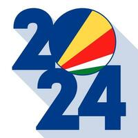 contento nuevo año 2024, largo sombra bandera con seychelles bandera adentro. vector ilustración.