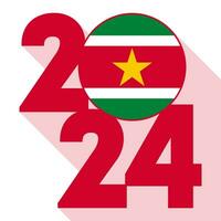 Happy New Year 2024, long shadow banner with Suriname flag inside. Vector illustration.