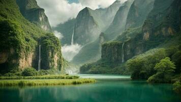 A serene, tranquil lake nestled in a verdant valley, surrounded by towering cliffs and cascading waterfalls, Nature Background AI Generative photo