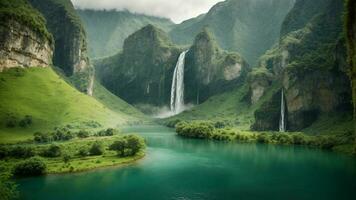 A serene, tranquil lake nestled in a verdant valley, surrounded by towering cliffs and cascading waterfalls, Nature Background AI Generative photo