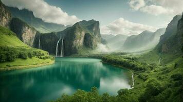 A serene, tranquil lake nestled in a verdant valley, surrounded by towering cliffs and cascading waterfalls, Nature Background AI Generative photo