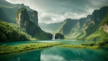 A serene, tranquil lake nestled in a verdant valley, surrounded by towering cliffs and cascading waterfalls, Nature Background AI Generative photo