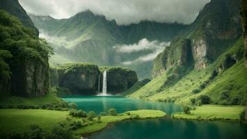 A serene, tranquil lake nestled in a verdant valley, surrounded by towering cliffs and cascading waterfalls, Nature Background AI Generative photo