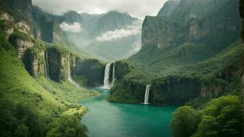 A serene, tranquil lake nestled in a verdant valley, surrounded by towering cliffs and cascading waterfalls, Nature Background AI Generative photo