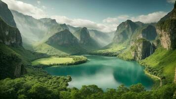 A serene, tranquil lake nestled in a verdant valley, surrounded by towering cliffs and cascading waterfalls, Nature Background AI Generative photo