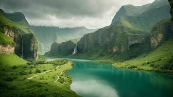 A serene, tranquil lake nestled in a verdant valley, surrounded by towering cliffs and cascading waterfalls, Nature Background AI Generative photo