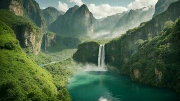 A serene, tranquil lake nestled in a verdant valley, surrounded by towering cliffs and cascading waterfalls, Nature Background AI Generative photo