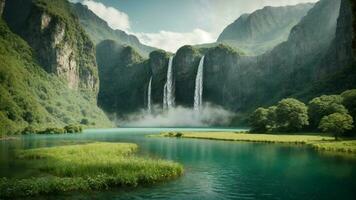 A serene, tranquil lake nestled in a verdant valley, surrounded by towering cliffs and cascading waterfalls, Nature Background AI Generative photo