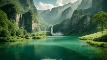 A serene, tranquil lake nestled in a verdant valley, surrounded by towering cliffs and cascading waterfalls, Nature Background AI Generative photo