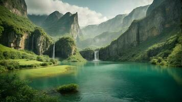 A serene, tranquil lake nestled in a verdant valley, surrounded by towering cliffs and cascading waterfalls, Nature Background AI Generative photo