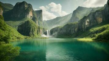 A serene, tranquil lake nestled in a verdant valley, surrounded by towering cliffs and cascading waterfalls, Nature Background AI Generative photo