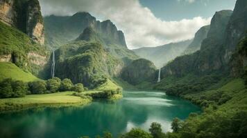A serene, tranquil lake nestled in a verdant valley, surrounded by towering cliffs and cascading waterfalls, Nature Background AI Generative photo