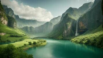 A serene, tranquil lake nestled in a verdant valley, surrounded by towering cliffs and cascading waterfalls, Nature Background AI Generative photo