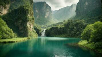 A serene, tranquil lake nestled in a verdant valley, surrounded by towering cliffs and cascading waterfalls, Nature Background AI Generative photo