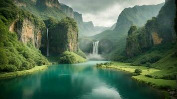 A serene, tranquil lake nestled in a verdant valley, surrounded by towering cliffs and cascading waterfalls, Nature Background AI Generative photo