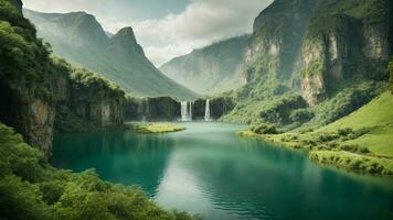A serene, tranquil lake nestled in a verdant valley, surrounded by towering cliffs and cascading waterfalls, Nature Background AI Generative photo