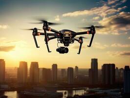 Drone quad copters  flying aerial over spectacular sunset orange sky. Cityscape with sun photo